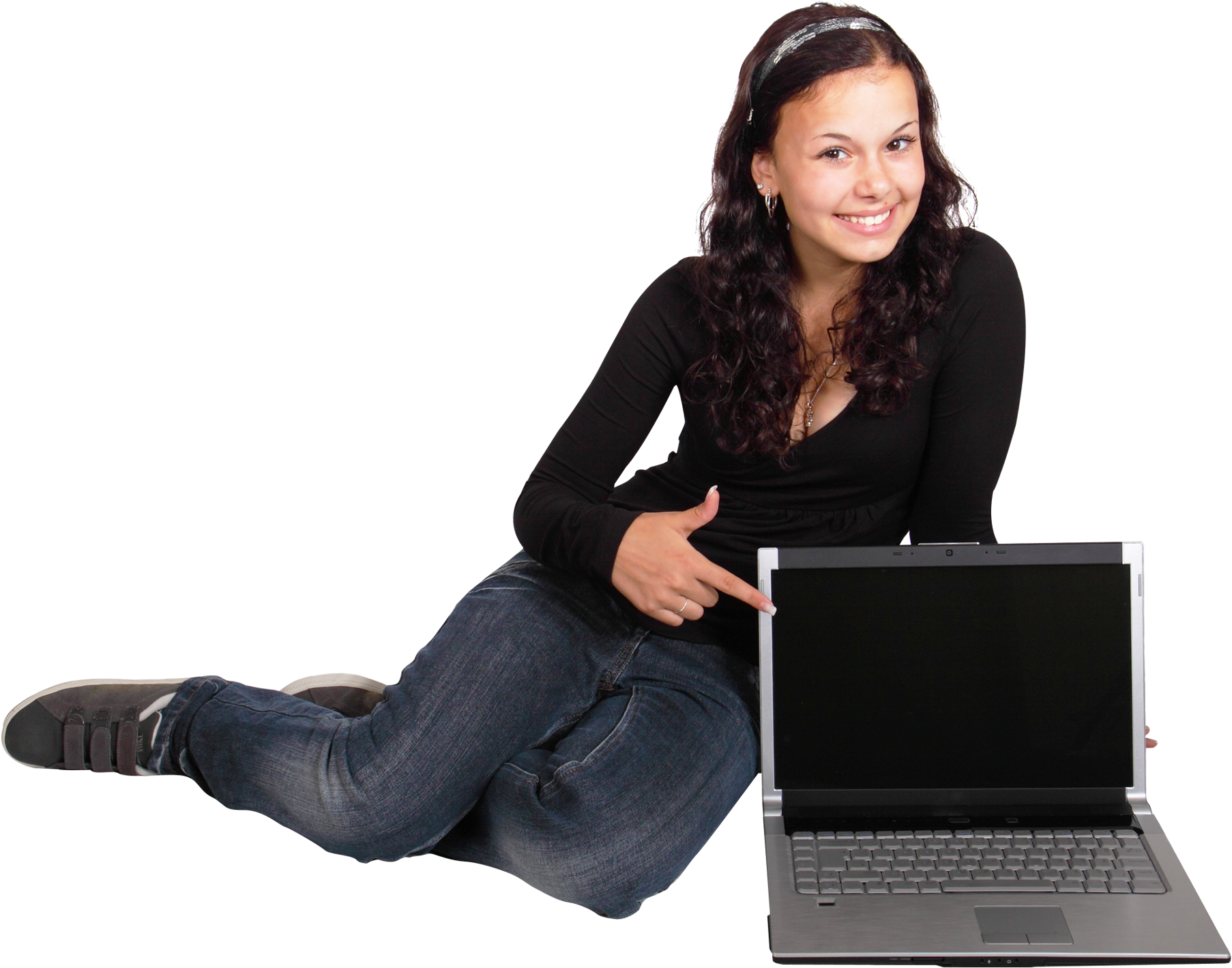 Happy Young Girl Sitting With Laptop Png Image - All To All Girl Png (500x395), Png Download
