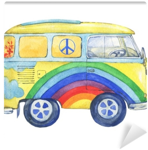 Old-fashioned Yellow Hippie Сamper Bus, Painted In - Watercolor Painting (400x400), Png Download