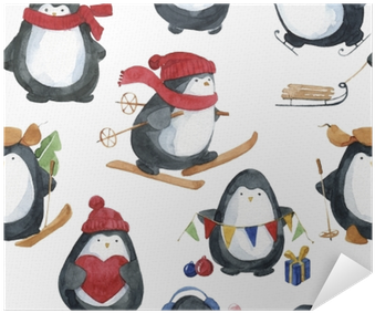 Seamless Watercolor Pattern - Christmas Penguin Watercolor (400x400), Png Download