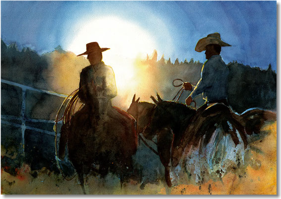 Original Traditional Watercolors By Gregory Effinger - Cowboy (570x576), Png Download