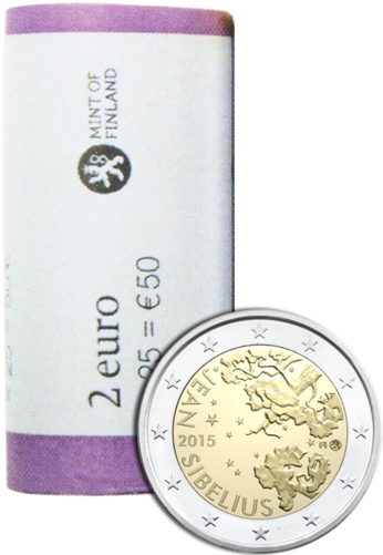 2 € 2015 Jean Sibelius Coin Roll - 2€ Finlandia 2015 - Jean Sibelius (499x500), Png Download