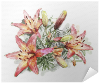 Watercolor Illustration Of Bouquet Of Lilies Poster - Evsimo Dekoratif Yastık 40x40 Cm - (452-13081) (400x400), Png Download
