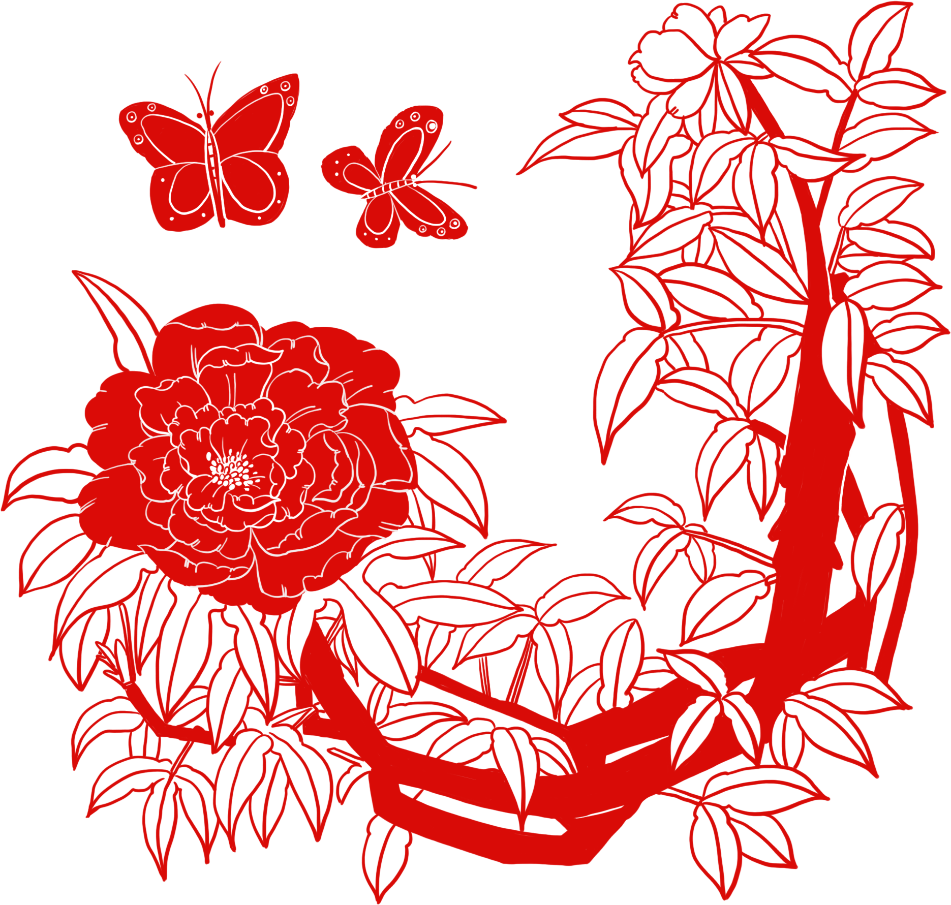 Mão Desenhada Corte De Papel Peônia Borboleta Png E - Hybrid Tea Rose (2000x2000), Png Download