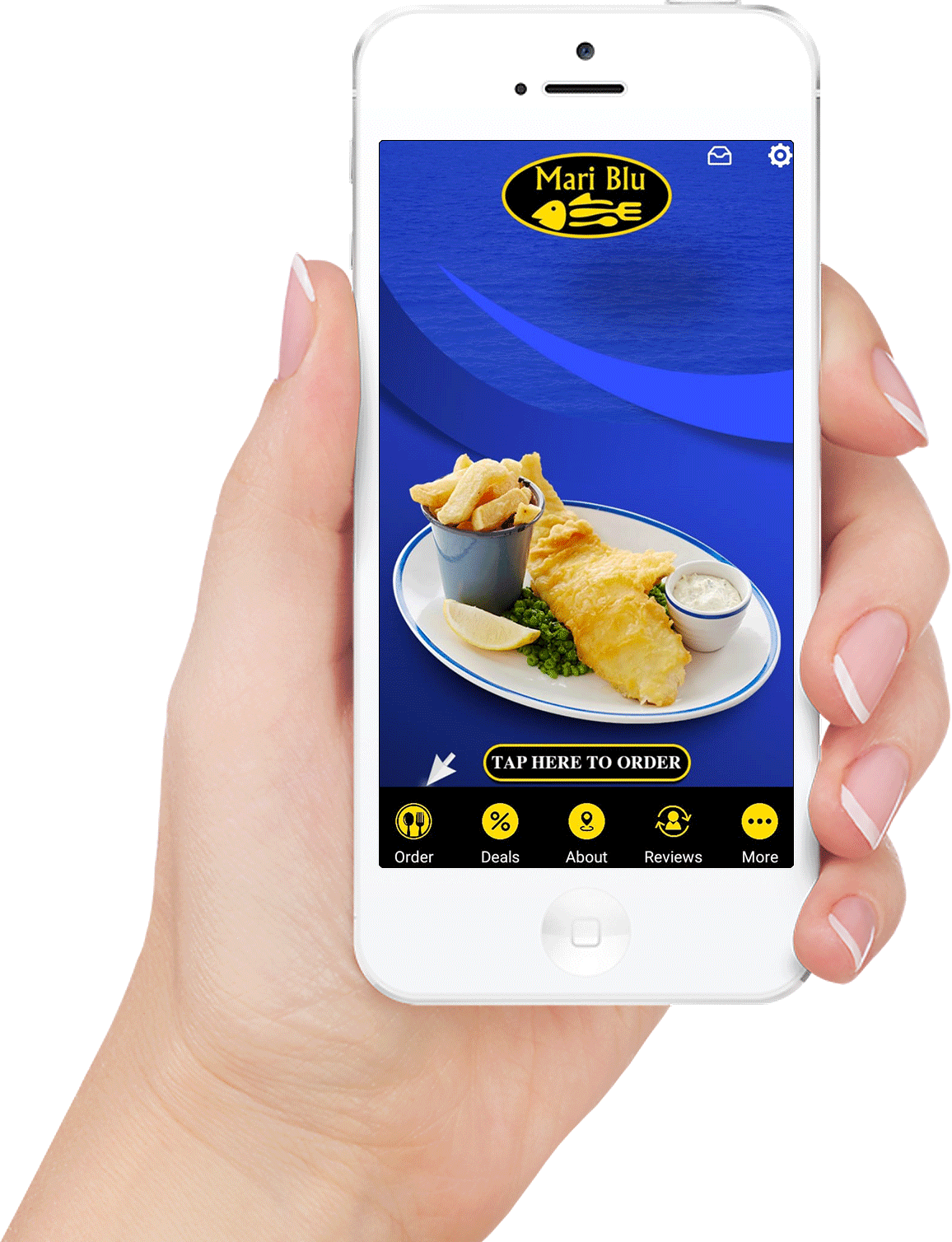 Mariblu Fish & Chips Takeaway - Hand Iphone White Png (1156x1508), Png Download