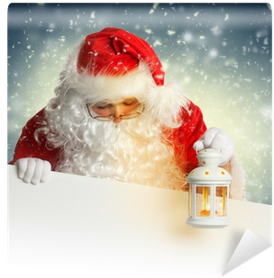 Santa Claus Looking Down On White Blank Banner Holding - Santa Claus With A Lantern (400x400), Png Download