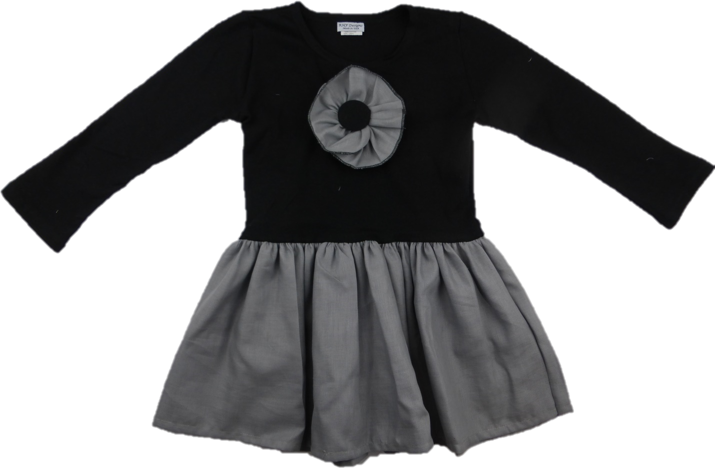 Long Sleeves Black & Gray Flower Front Solid Gray Ruffle - Ruffle Skirt Dress (1430x953), Png Download