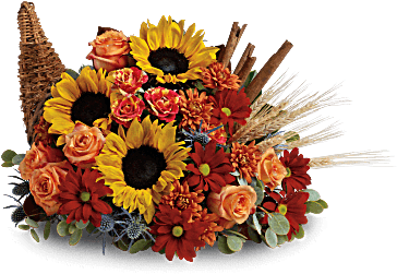 Sunflowers And Orange Roses Are Accented With Blue - Teleflora T168-3a Classic Cornucopia - Fall Flowers (368x460), Png Download