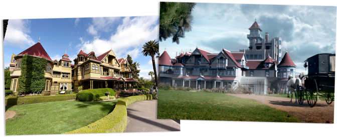Left, Winchester Mansion, Photographed In - Casa Winchester Real Life (690x288), Png Download
