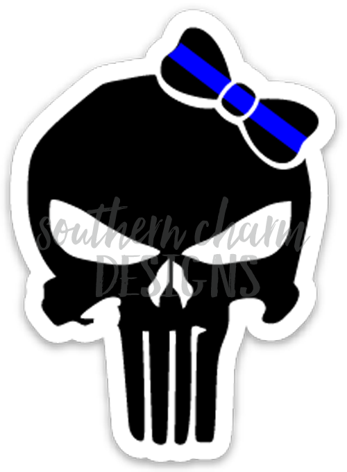 Thin Blue Line Punisher Bow Decal - Skull With Cross Rifles (500x680), Png Download