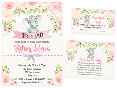Blush Pink Floral Elephant Baby Shower Invitation Pack - Niedliches Elefant-geschlecht Decken 11,4 X 15,9 Cm (384x480), Png Download