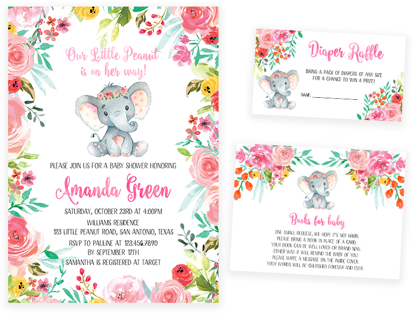 Colorful Floral Elephant Baby Shower Invitation Pack - Aquarell-elefant-mädchen-babyparty 8 Papierteller (819x1024), Png Download