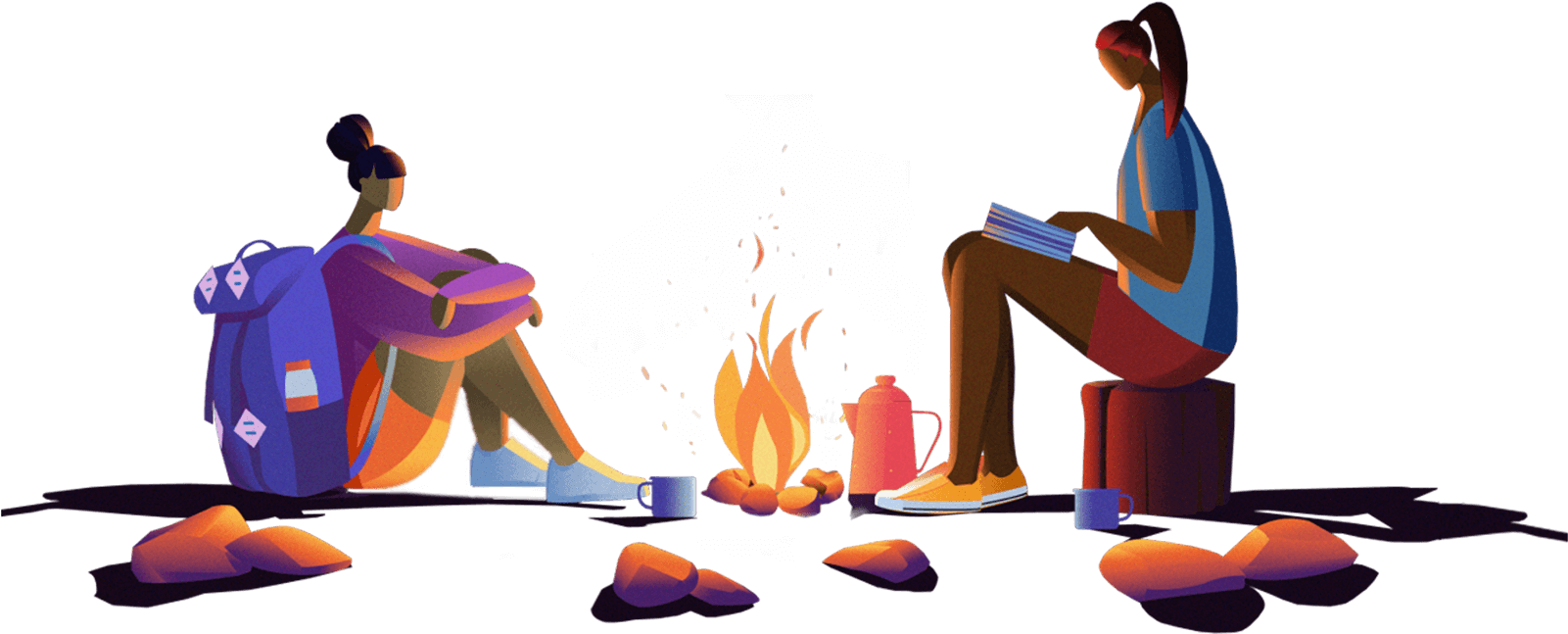 Two Girls Around A Campfire - Sitting (1600x694), Png Download