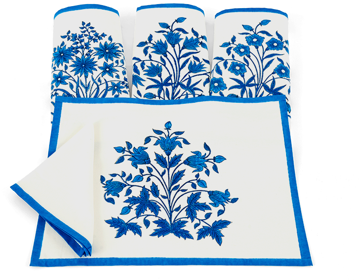 Blue Mughal Flower Placemat And Napkin Set (800x600), Png Download