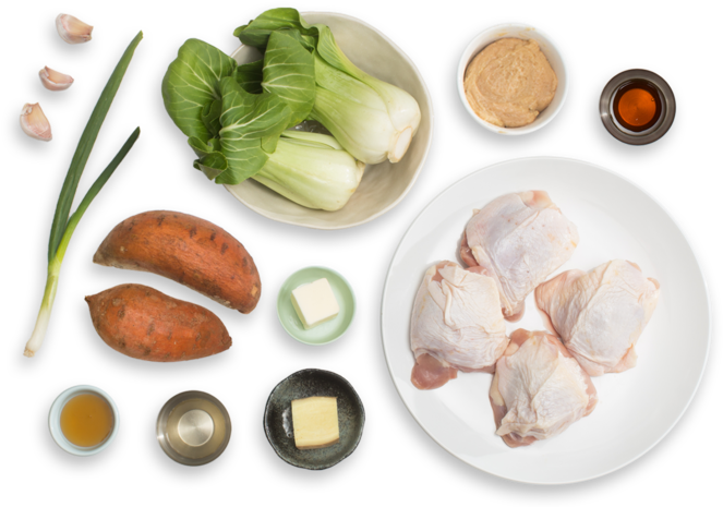 Miso-honey Chicken With Roasted Sweet Potatoes & Bok - Chicken As Food (700x477), Png Download