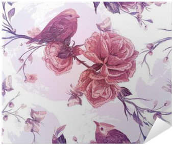 Imitation Of Embroidery, Watercolor - Colorful Image Of A Bird On Branch With Big Roses Apple (400x400), Png Download