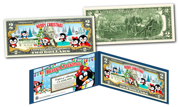 Merry Christmas Xmas Holiday Colorized Legal Tender - 2 Dollar Bill (600x600), Png Download