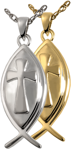 Fish Cross Pendant Jewelry Shown In Silver And Gold - Cremation Jewelry Jesus Fish Stainless Steel Urn Pendant (500x500), Png Download