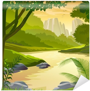Tropical Rain Forest Trees And Fresh Water Stream Wall - Cartoon Nature Background (400x400), Png Download