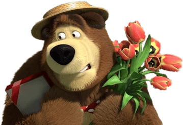 Bear Holding A Present And Flowers - Маша И Медведь День Святого Валентина (400x400), Png Download