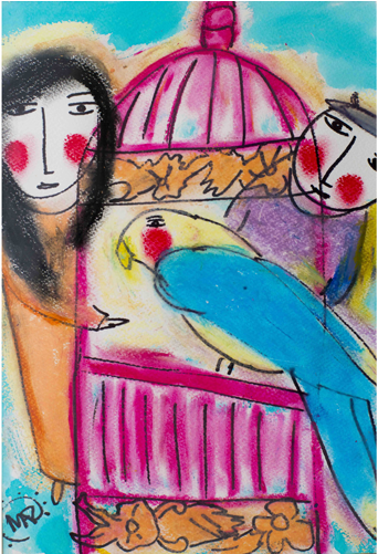 Pink Birdcage With Blue Bird (500x500), Png Download