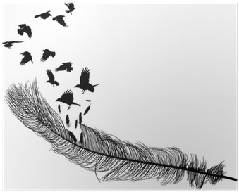 Crows Flying From Long Feather Silhouette On White - Illustration (400x400), Png Download
