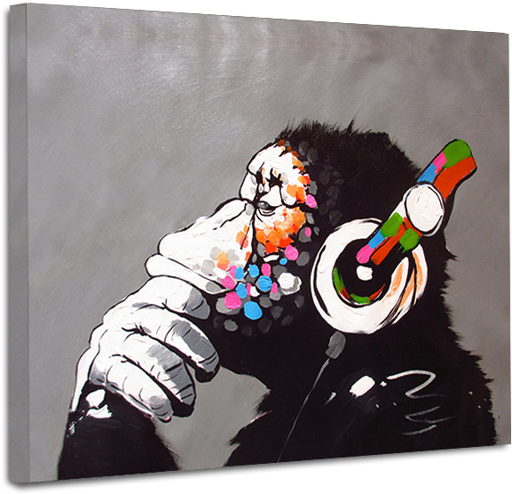 Gorilla With Headphone On Canvas Pictures For Living - Banksy Monkey With Headphones (800x600), Png Download