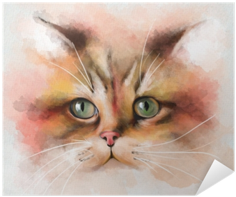 Portrait Of Cat With Large Multi-colored Face And Green - Designart 'attractive Brown Cat Watercolor' Large Animal (400x400), Png Download