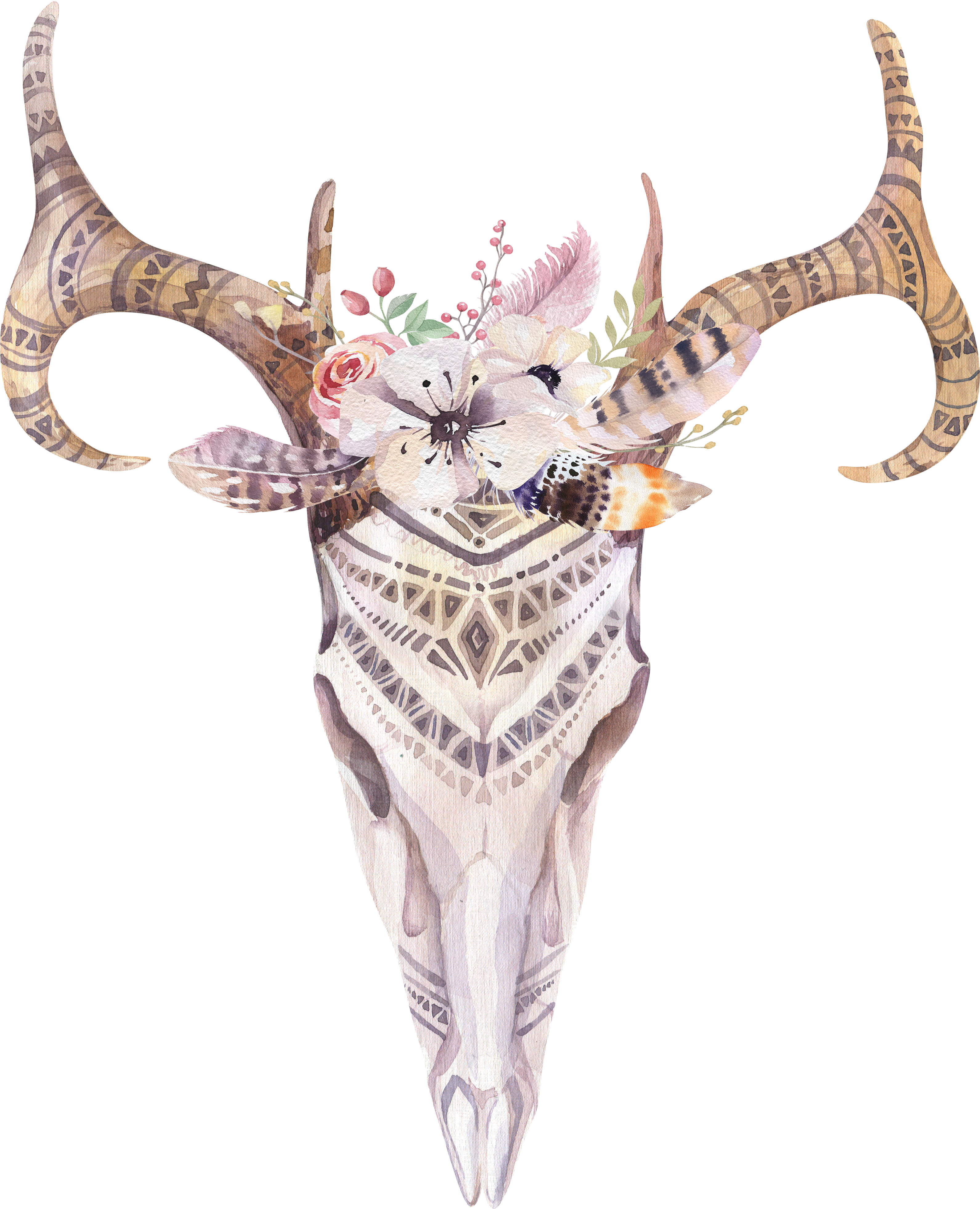 Antlers And Flowers Png Free - Boho Cow Skull Png (3181x3924), Png Download