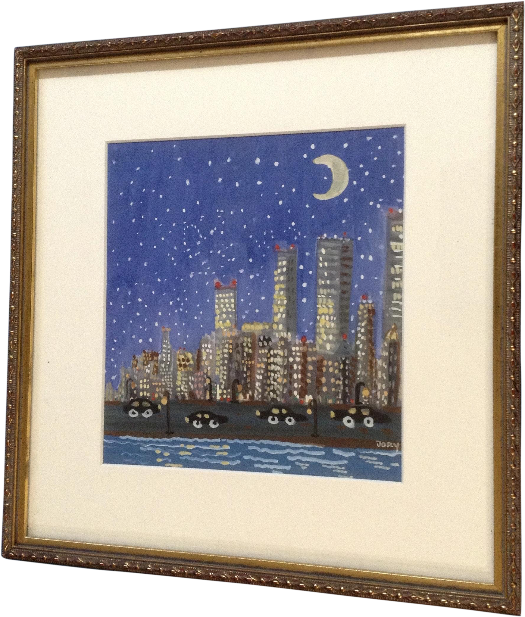 Naive Nocturnal Cityscape Watercolor Painting Signed - Picture Frame (2048x2048), Png Download