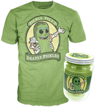 Rick And Morty Funko Apparel Tee Pickle Rick Jar Nycc - Pickle Rick Funko Shirt (371x480), Png Download