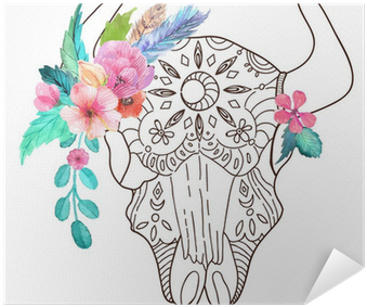 Doodle Bull Skull With Watercolor Flowers And Feathers - Watercolor Painting (400x400), Png Download