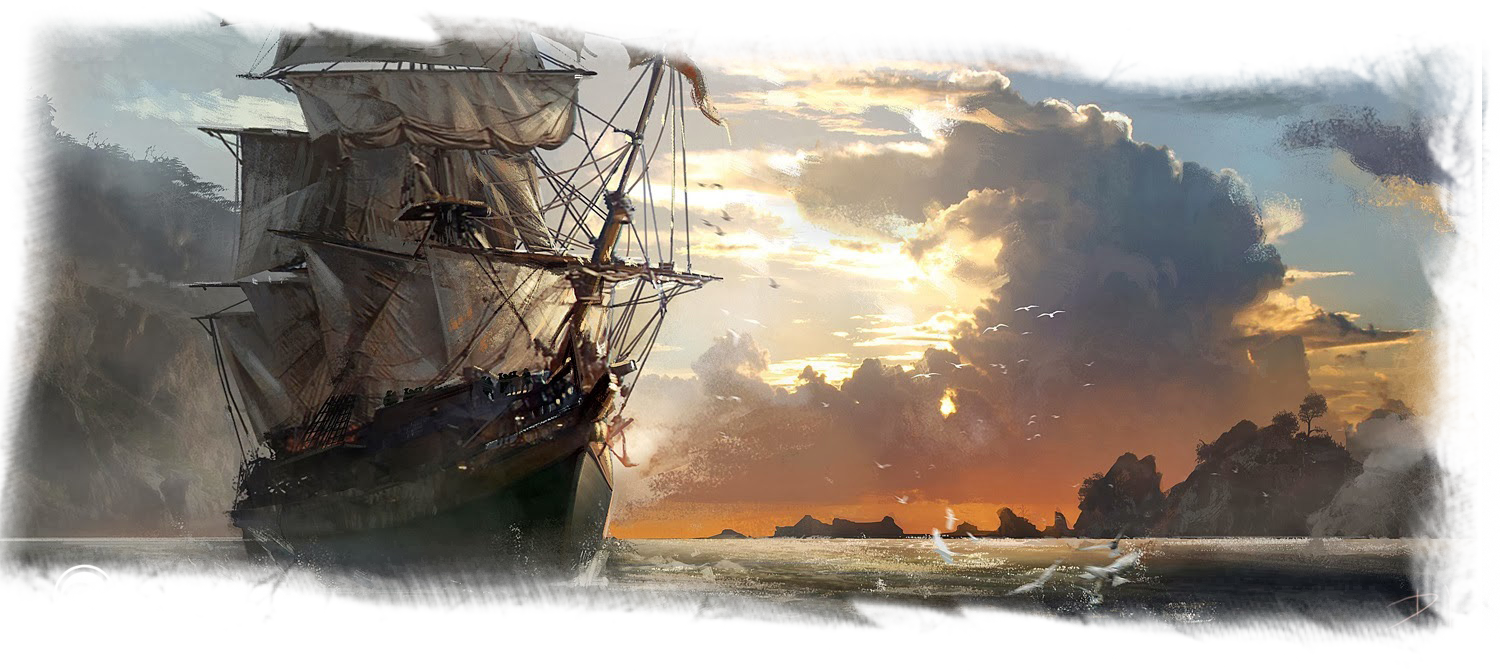 Approaching The Docks, Kline Looks At All The Ships - Pirate Ship Concept Art (1500x671), Png Download