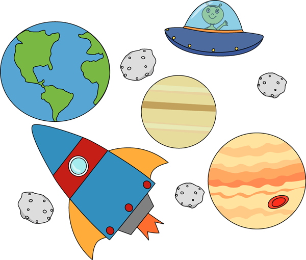 Rocket And Ufo Flying Through Outerspace - Outer Space Clipart Png (600x510), Png Download