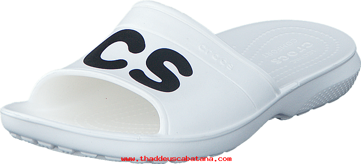 Crocs Men Classic Graphic Slide White/black Men-wfv7t - Crocs In Übergröße Classic Graphic Slide - White Black (705x321), Png Download