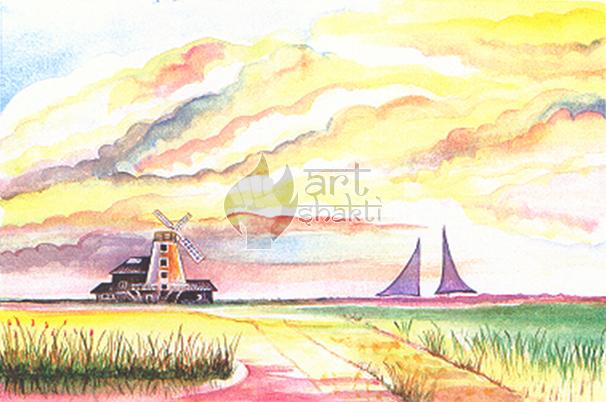 Watercolour Painting Windmill - Painting (606x402), Png Download