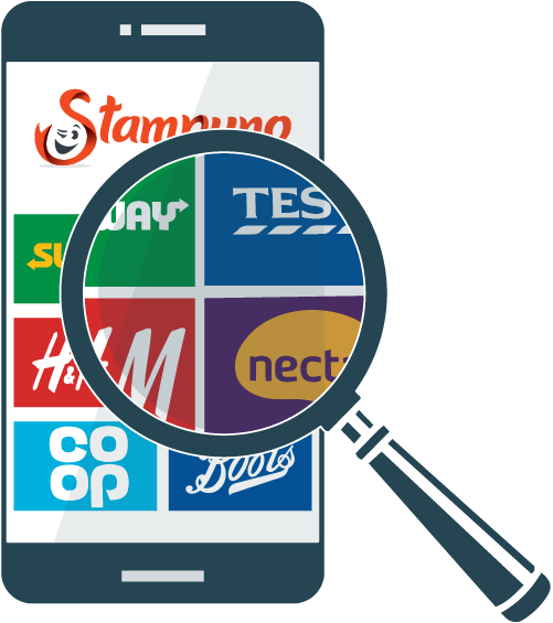 A Phone Displaying Organised Loyalty Cards With A Magnifying - Magnifying Glass (616x564), Png Download
