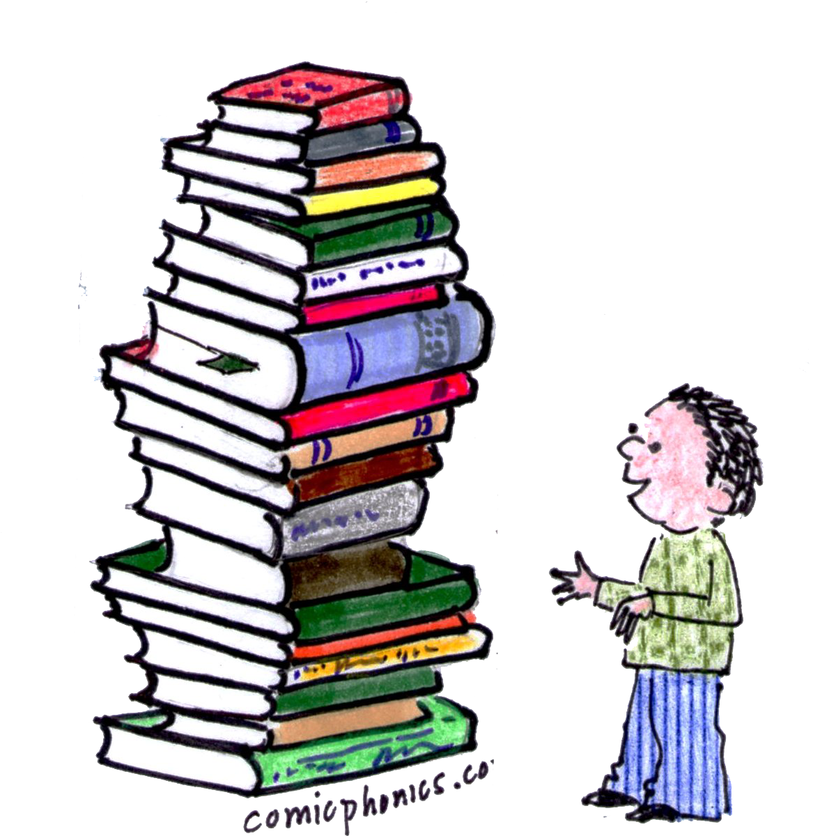 Preschooler Looking At A Tall Stack Of Books - Allusion Clipart Example (1270x1269), Png Download