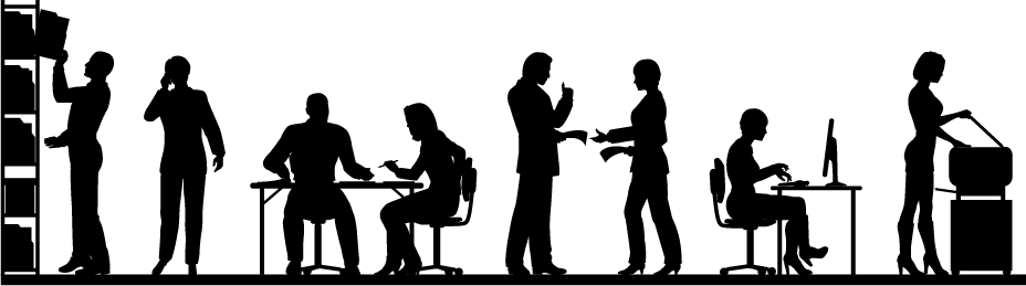 Fire Safety Office Workers - People Working In Office Silhouette (928x259), Png Download