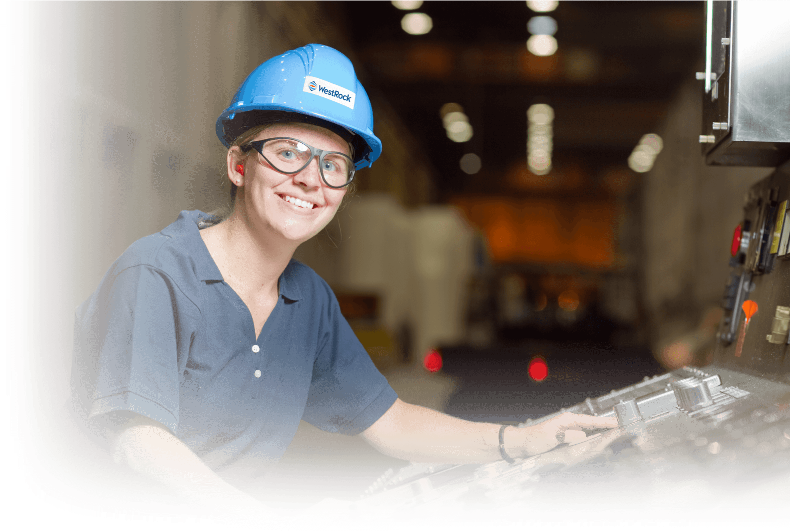 A Woman In A Blue Shirt And Blue Hard Had Working On - Hard Hat (2600x1063), Png Download