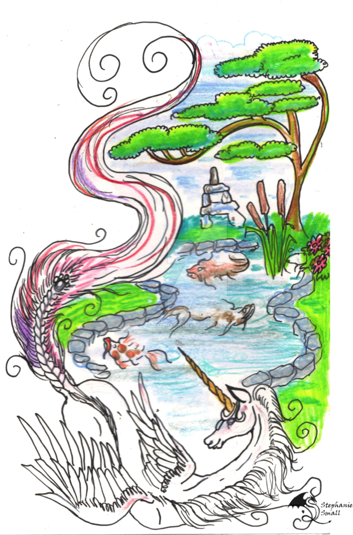 Unicorn Koi Pond Lake Horse Pony Zen Garden By Stephaniesmall - Koi Pond (767x1042), Png Download