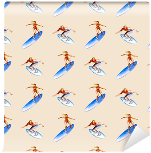 Watercolor Seamless Pattern With Surfers On Pink Background, - Watercolor Painting (400x400), Png Download