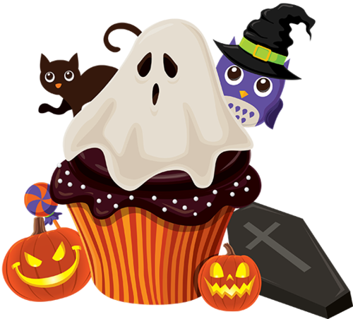 Halloween Candies In Witches Cauldron - Halloween Cupcake Clip Art (500x452), Png Download