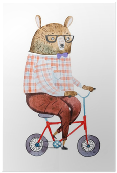 Cartoon Bear Dressed Up In Hipster Clothes Riding A - Watercolor Painting (400x400), Png Download
