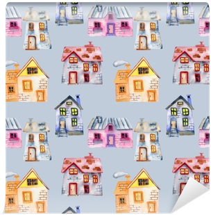 Seamless Pattern With Watercolor Cartoon Private Houses, - House (400x400), Png Download