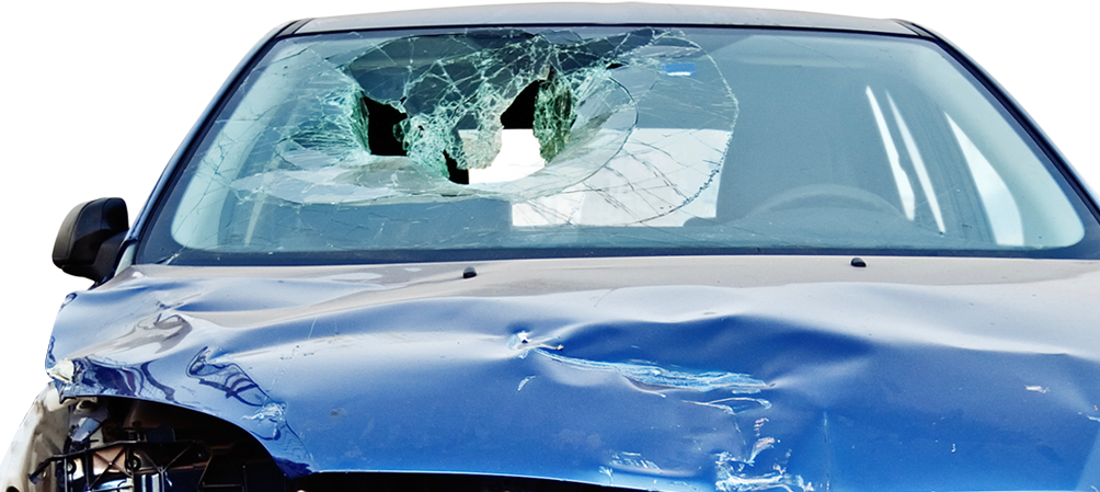 Damaged Car - Crashed Car Front View (1004x449), Png Download