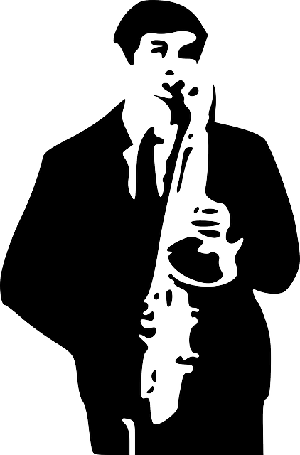 Black, Music, Drawing, Man, Silhouette, White, Cartoon - Saxophone Player Vector (422x640), Png Download