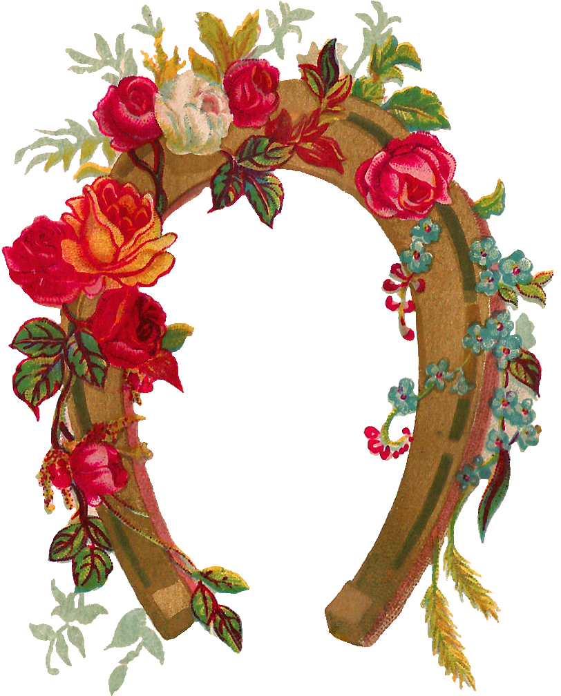 This Is A Lovely Horseshoe Graphic From A Vintage Greeting - Horseshoe With Flowers Clipart (1010x1170), Png Download