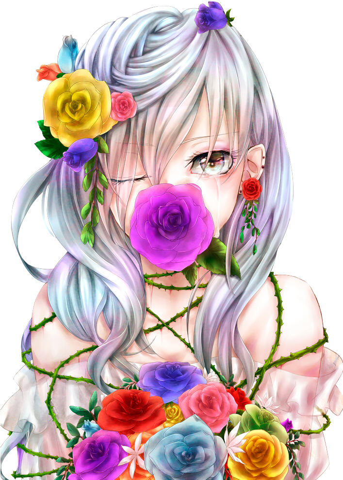 Anime Girl Art Flores By Killerjeff234 On Deviantart - Fille Manga Cheveux Blanc Yeux Violet (706x1000), Png Download