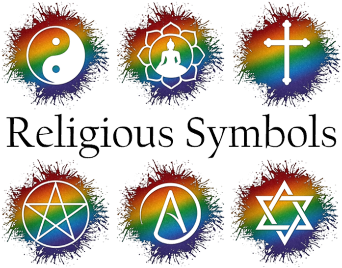 An Assortment Of Various Religious Symbols In Rainbow - Lgbt Buddhist Lotus Greeting Card (800x800), Png Download