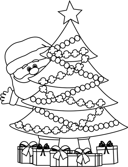 Download Black And White Santa Behind Christmas Tree - Christmas